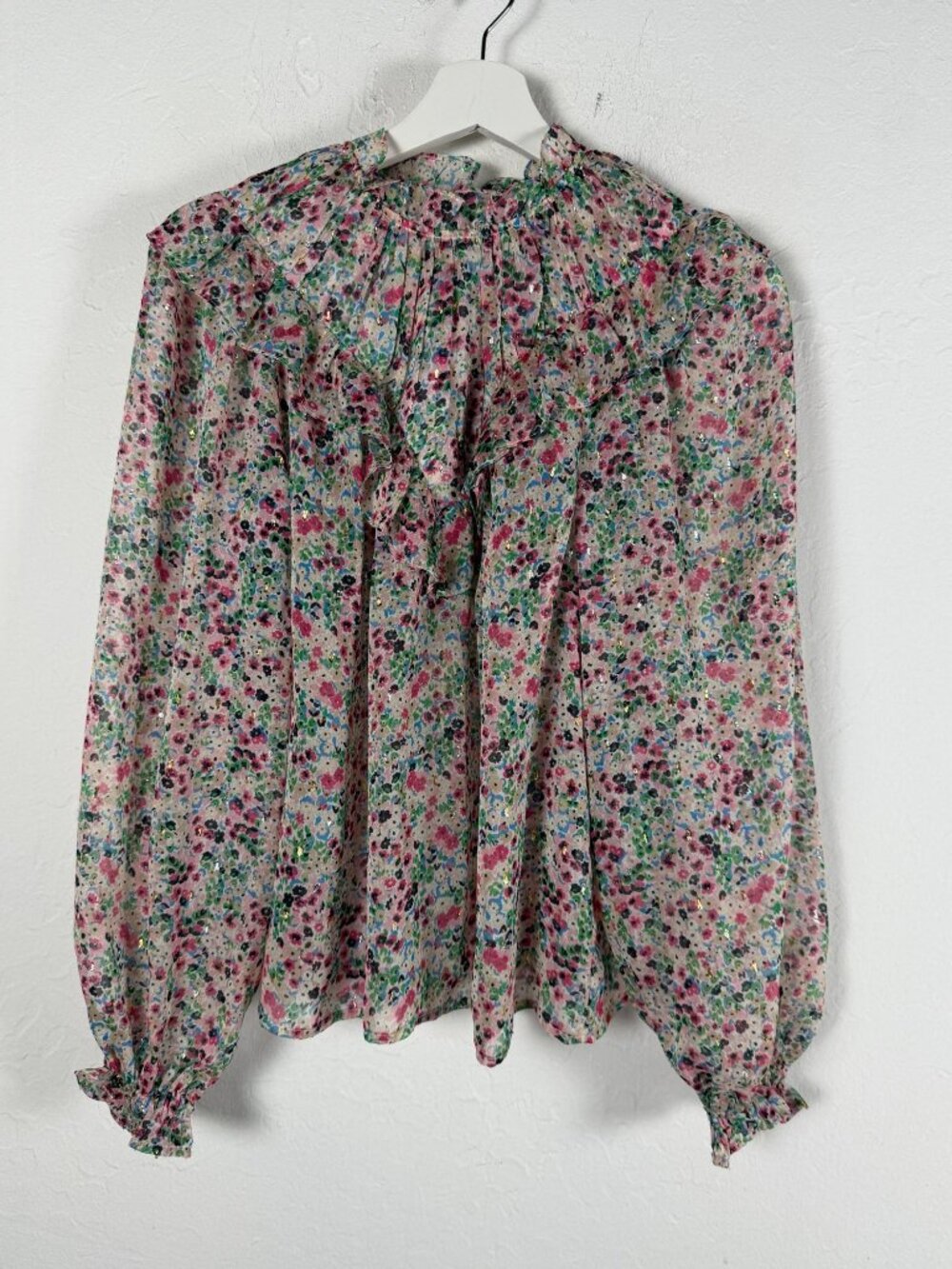 BODEN Womens Floral Ruffle Neck Blouse Pink Multi Metallic Cottagecore Sz 4 NWOT